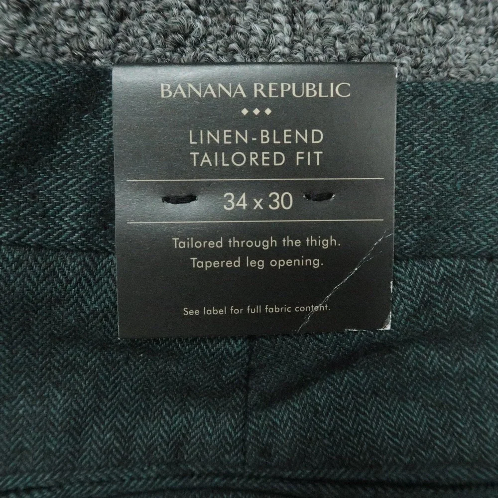 Banana Republic Pants Men 34x30 Green Herringbone Linen Blend Tailored Trouser
